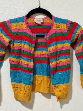 GUCCI Multi-Color Striped Openwork Knit Cardigan Sweater